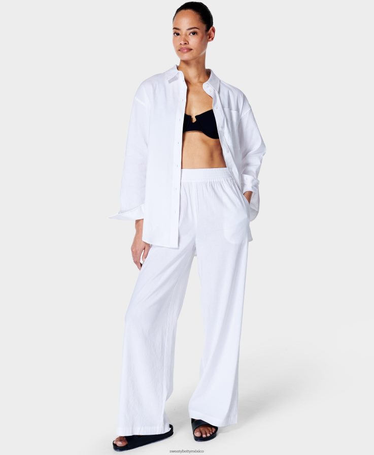 mujer pantalón ancho de lino elástico de verano Sweaty Betty 8VNTL975 blanco ropa