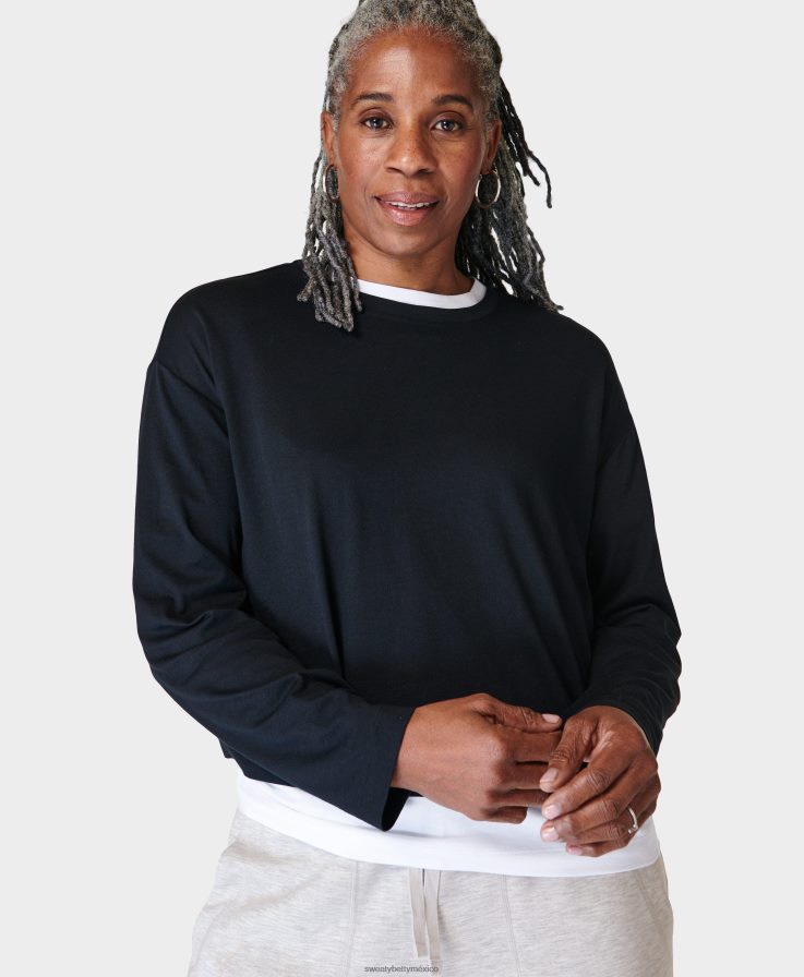 mujer camiseta corta esencial de manga larga Sweaty Betty 8VNTL281 negro ropa