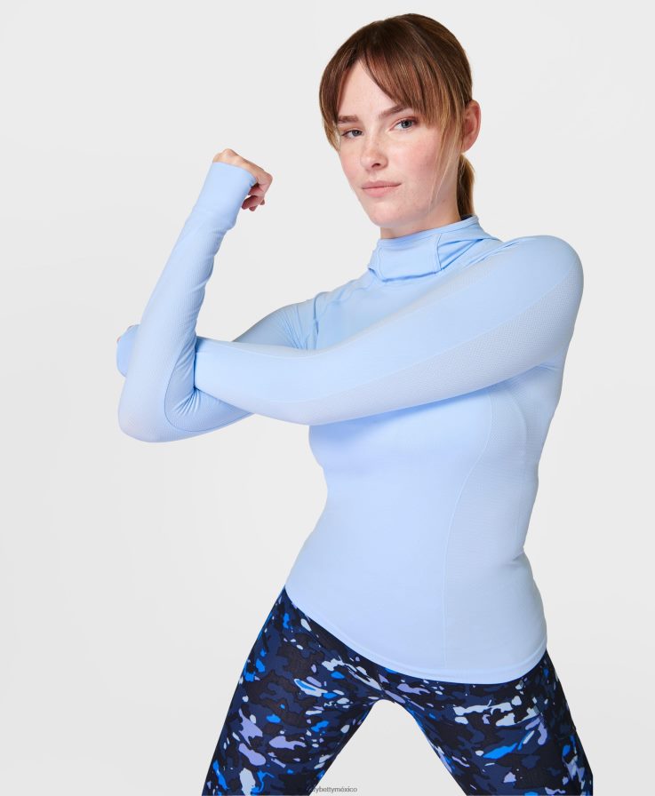 mujer top deportivo de manga larga con capucha Sweaty Betty 8VNTL348 brisa azul ropa