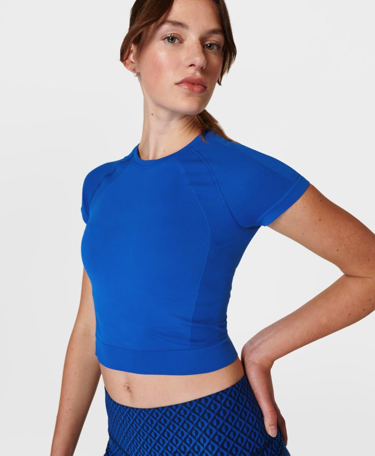mujer camiseta corta de entrenamiento sin costuras para atleta Sweaty Betty 8VNTL289 azul relámpago ropa